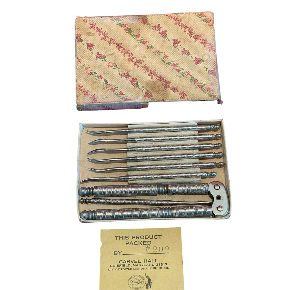 Vintage Carvel Hall Nutcracker and 6 Picks Set Briddell Towle‎ Silver Shell Box